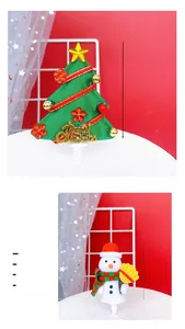 Detail showing a felt Christmas tree topper and a snowman cake pick with size dimensions