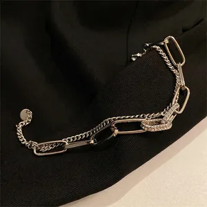 Bracciale a catena a doppio strato in argento hip hop con maglie di strass