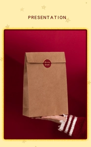 Dettaglio del sacchetto regalo in carta kraft marrone con adesivo Merry Xmas