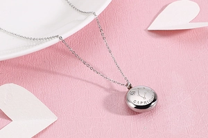 Vue détaillée du collier zodiaque Capricorne argenté avec diamant sur fond rose tendre