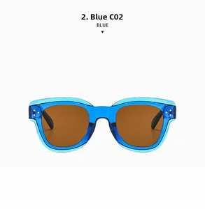 Detail of translucent blue sunglasses frame with silver rivet accents and brown lenses