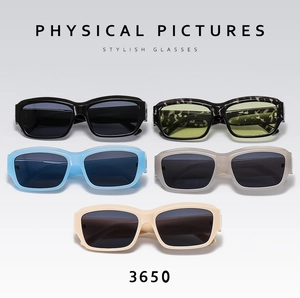 Group display of retro rectangular sunglasses in black, tortoise, blue, grey and nude tones