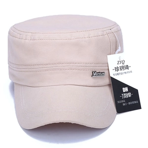 Beige washed cotton flat top military cap with Venture metal side logo and tag