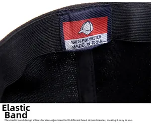 Detail of the elastic sweatband and polyester care label inside the black baseball cap