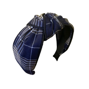 British style navy blue plaid wide twisted headband with non-slip inner layer for women