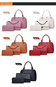 Detailed set of woven tote bags and wallets in five colors on a clean white background