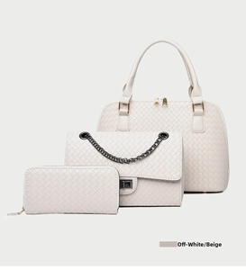 Three-piece beige woven bag set including tote bag, crossbody bag, and wallet closeup
