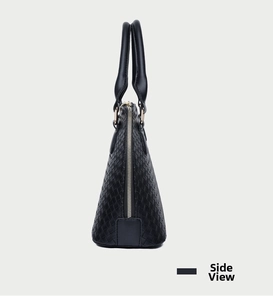 Detailed side view of black woven texture handbag featuring premium leather and gold zipper