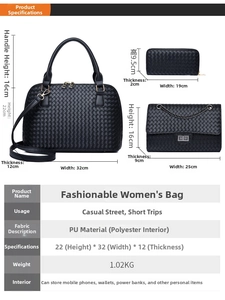 Detailed size chart for shell-shaped 3-piece bag set with exact dimensions and PU material