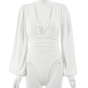 Detailed view of white long sleeve deep V-neck bodysuit with puff sleeves and waist pleats