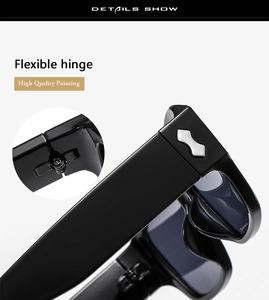 Detail of high quality painting and flexible metal hinges on these black sunglasses