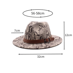 Detailed size chart of a snakeskin fedora hat with dimensions 56-58cm circumference