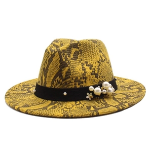 British style fedora hat featuring yellow and brown snakeskin pattern with pearl embellishment
