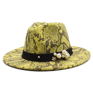 British style yellow snake skin wool fedora hat with black pearl band and flat brim