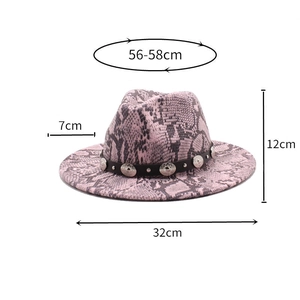 Detailed size guide for the pink snake pattern wool fedora hat with dimensions