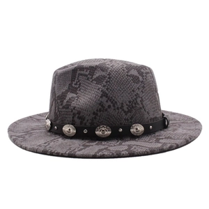 Detail of snake skin pattern fedora hat with black leather band and silver metal studs