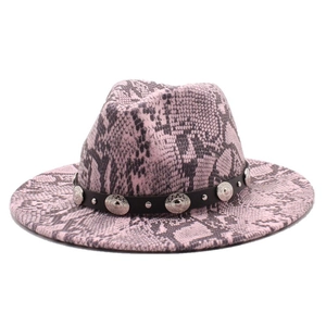 Pink snake skin wool felt fedora hat with black leather belt and silver metal rivets