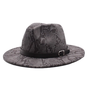 Detail of grey snakeskin pattern wool fedora with black leather belt and metal buckle
