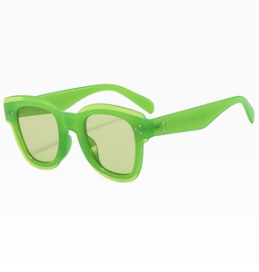 Detail view of bright green vintage sunglasses with silver stud rivets and thick frames