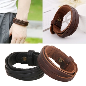 Men Wide Leather Bracelet Retro Woven Genuine Cowhide Wristband Punk Rock Style Multi Layer Jewelry For Male