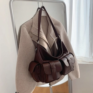 Large capacity dark brown PU leather tote bag with multiple pockets and adjustable strap