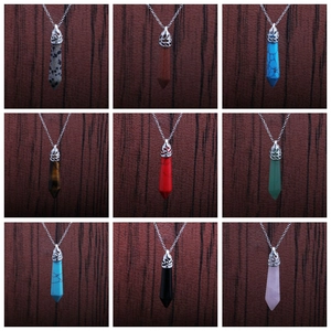 Set of nine hexagonal stone pendants in various colors with elegant silver bails for necklaces