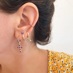 Minimalist S925 gold earrings set with purple zircon stones and cross pendants