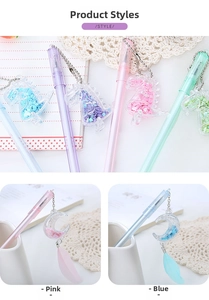 Detailed view of creative moon and feather sequin charms on transparent gel pens