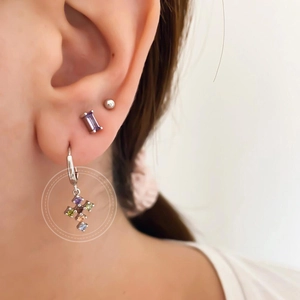 Minimalist S925 silver hoop earrings with colorful zircon cross charms on female ear