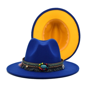 Detail of wool fedora with blue and yellow bicolor design and ethnic beaded band