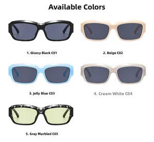 Detailed flat lay of vintage square sunglasses in five colors including black and beige