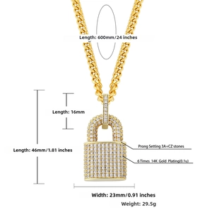 Detailed dimensions of iced out 14K gold plated padlock pendant with cuban chain