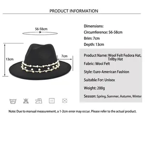 Size chart for two-tone wool fedora hat with pearl trim and 56-58cm circumference