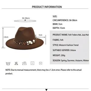Jazz fedora hat with leopard ribbon and pearls, 7cm brim, 56-58cm wool felt hat