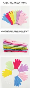 Close-up of colorful nylon exfoliating bath gloves showing textured fiber material and vivid colors