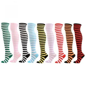 Detailed flat lay of high-thigh striped socks in nine different vibrant color patterns