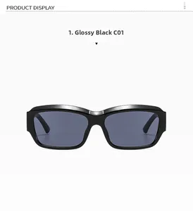 Detail view of bright black square frame sunglasses with UV protection dark lenses
