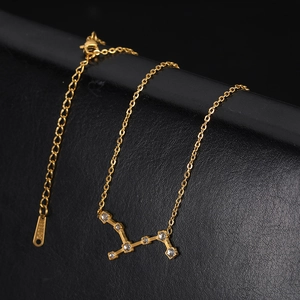 Détail du pendentif zodiaque doré serti de zircons blancs avec étiquette S-STEEL sur cuir noir