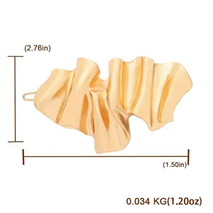 Matte gold alloy hair clip with wavy pleated design, size 7cm x 3.8cm on white background