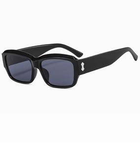 Detailed view of black retro square frame sunglasses featuring silver hourglass metal temple decor
