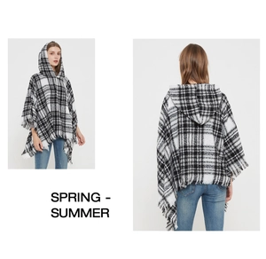 Front and back view of a black and white checkered hooded poncho wrap for women