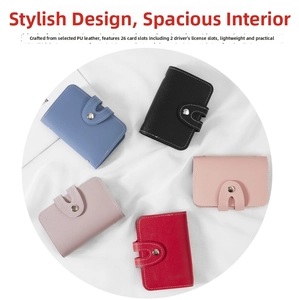 Detail of 26-slot matte PU leather card holders in deep blue, black, pink, and red colors