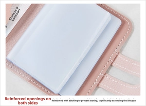 Detailed view of pink leather card holder interior with reinforced transparent PVC slots