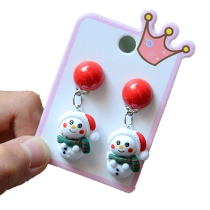 Festive resin snowman earrings with red hat and green scarf on a card holder