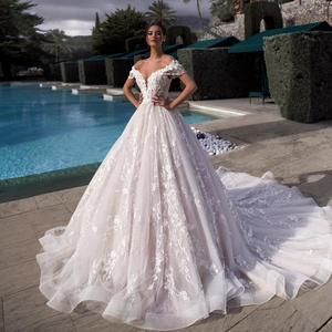 Elegant White Wedding Dress Off-The-Shoulder V-Neck Textured Floral Lace Tassels Ball Gown Long Train Bridal Gown