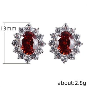 Fashion flower stud earrings with red oval zircon and white small stones, 13mm size