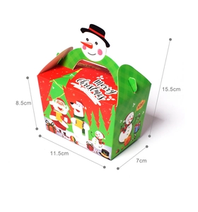 Detail of Christmas snowman handle gift box showing structural dimensions and holiday pattern