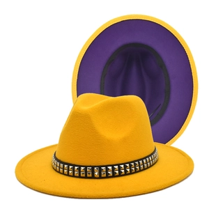 Yellow fedora hat with double silver stud band and contrast purple lining detail