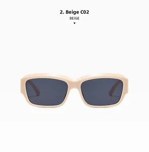 Front view of beige rectangular sunglasses with dark lenses and matte finish frames