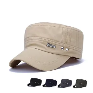 Men Flat Top Military Cap Cotton Adjustable Sun Protection Outdoor Sport Cadet Hat With Metal Letter Tag